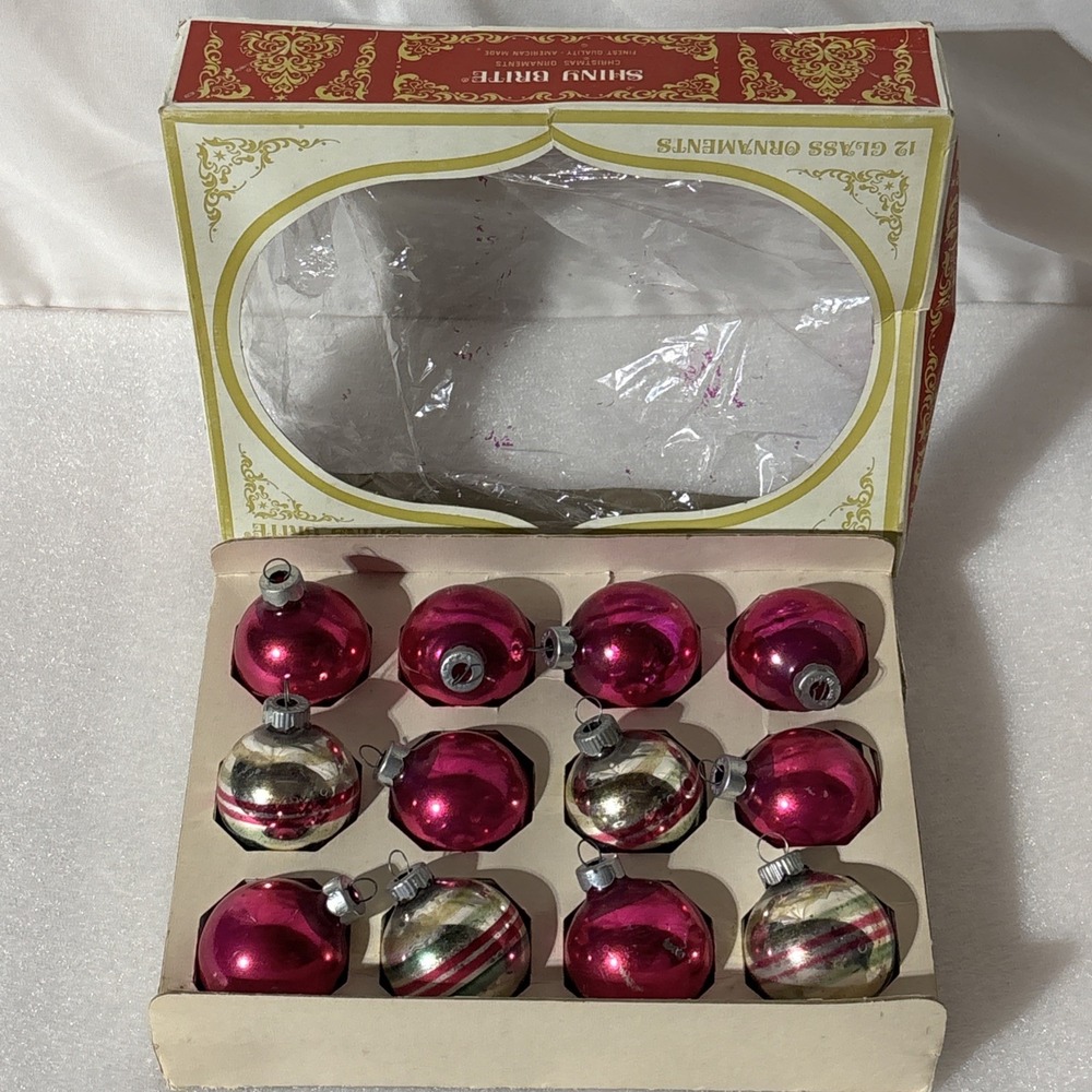 SHINY BRITE Pink & Silver Set Of 12 GLASS CHRISTMAS ORNAMENT ROUND In 1950's Box
